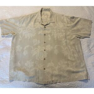 Tommy Bahama Camp Shirt Mens XXL Beige 100% Silk  Floral Jacquard Short Sleeve